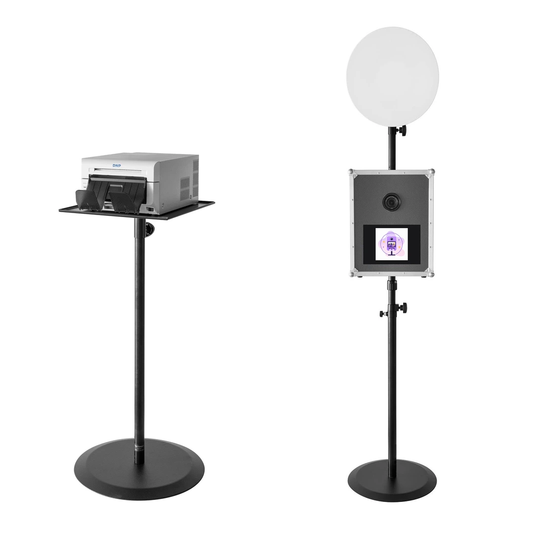 Unsere echte Fotobox mit Kamera, rundem Blitzlicht und separatem Fotodrucker